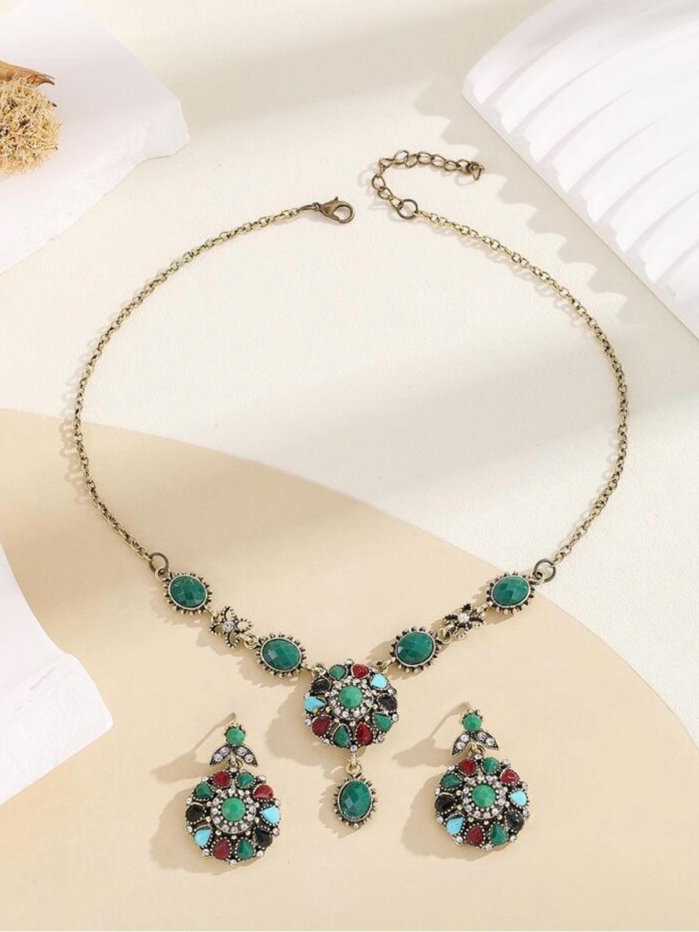Bohemian Green Multi-Stone Statement Necklace & Earring Set - Picture 3 of 5